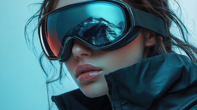 A stylish woman in futuristic ski goggles reflects snowy mountains, wrapped in a luxurious fur coat