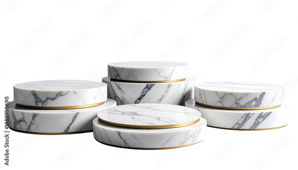 Poster a stacked marble display stands: a collection of circular marble display stands of varying sizes, ar