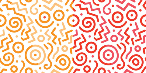 Memphis geometric seamless pattern. Multicolor abstract background in retro 80s, 90s style with various shapes: circles, semicircles, dots, zigzags, spirals, wavy lines. Cute kid doodle design.