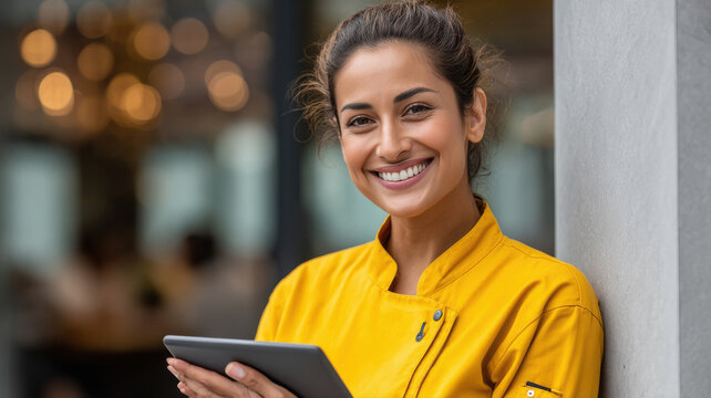 young indian woman holding tablet standing at restaurant
