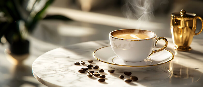 Mockup for presenting coffee shop branding with elegant marble background, golden accents, and a cup of freshly brewed coffee. Modern café style 