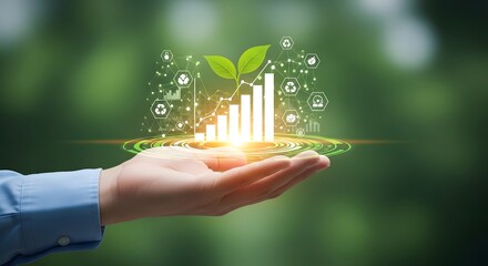 Hand Holding Digital Plant Over Bar Graph Representing Green Growth
