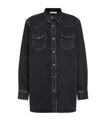 denim jacket with pleated front detail and buttons isolated on a white background