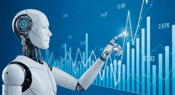 Robot Pointing at Financial Charts Representing AI Stock Market Analysis