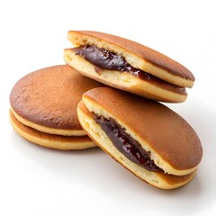 "Delicious dorayaki pancakes filled with sweet red bean paste on a white background."

