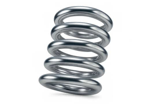 Chrome metal spring rotating on transparent background, perfect for engineering, physics or industrial projects