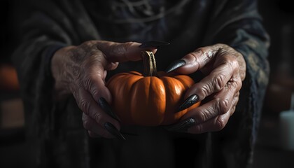 Old witchy scary hands with black sharp nails hold a pumpkin, close up, low key, selected focus.