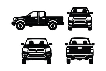 Naklejka premium Detailed Vector Illustration: Black Pickup Truck in Four Different Perspectives