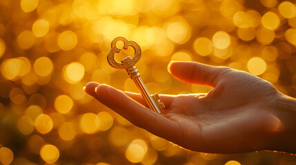 Hand handing over the key to success on a blurred golden background