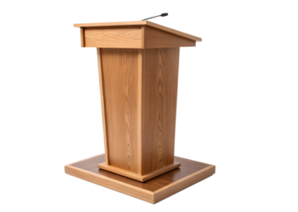 A wooden podium with a microphone is isolated on transparent background