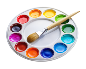 A watercolor palette with a paintbrush is isolated on transparent background
