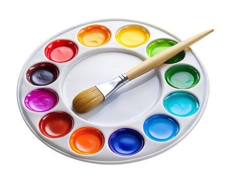 A watercolor palette with a paintbrush is isolated on transparent background