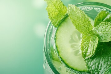 Close up of a refreshing cucumber and mint drink in a glass on a soft green background with bokeh effect