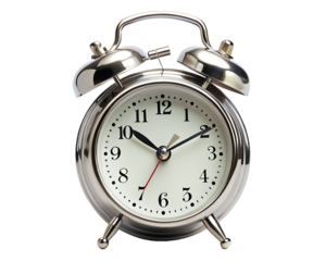 A classic silver alarm clock with bells is isolated on transparent background, showing the time