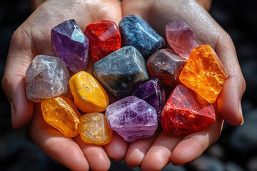 Close-up of hands holding various colorful gemstones, including red and purple rocks. The background is dark, with the focus on natural light illuminating the stones in hand. In the front view.