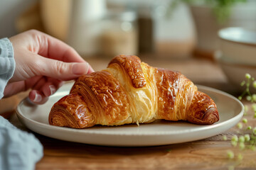 Hand holding a fresh croissant above a rustic table. Cozy breakfast mood with morning light.