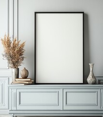 Minimalist interior featuring a blank frame and decorative elements.