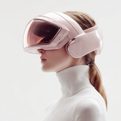 Beautiful Woman Wearing a Pink VR Headset and White Turtleneck