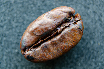 Slanted coffee bean closeup that captures the unique crack and glossy roast texture sitting against...