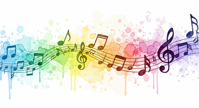 A colorful watercolor artwork featuring abstract music notes and flowing splashes in soft hues, expressing rhythm and creativity