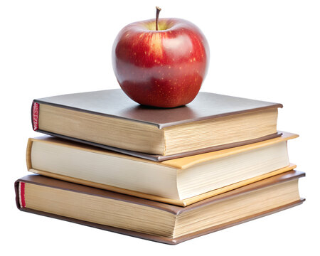 A red apple rests atop a stack of books isolated on transparent background, symbolizing education and knowledge