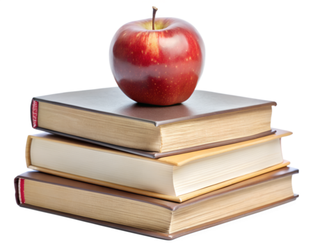 A red apple rests atop a stack of books isolated on transparent background, symbolizing education and knowledge