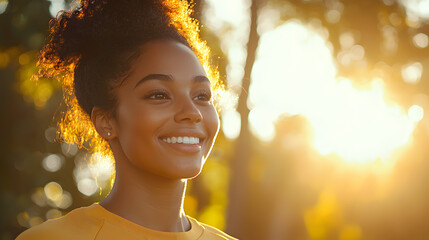 Happy black woman jogging in morning park sunlight, portrait of running sportswoman early