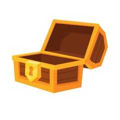 Open Wooden Treasure Chest with Golden Trim and Lock on White Background