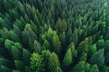 Aerial top view of dense coniferous forest with lush green trees, showcasing nature and wilderness.