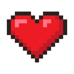 Pixelated Red Heart Icon Symbolizing Love and Affection in Retro 8-Bit Style on White Background