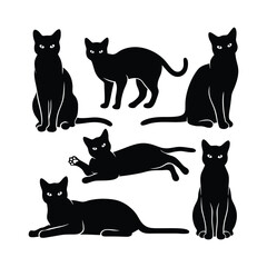 Six black cat silhouettes in various sitting and reclining poses.