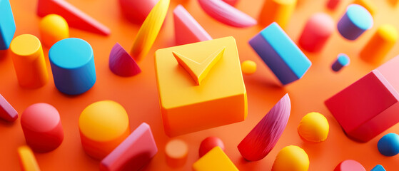 3D abstract background with colorful geometric objects including cubes, spheres, cylinders, and cones arranged on a orange surface.  banners, web design, and presentations.