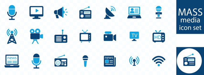 Mass media icon set outline design. Containing television, TV, radio, newspaper and internet icon