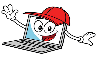 A cheerful cartoon laptop character wearing a red baseball cap and waving its hands enthusiastically representing technology and friendly service
