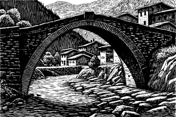 Fototapeta premium Stone bridge crossing a shallow river in a mountain village, a black and white sketch vector hand drawn
