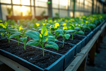 Close-up of solar panels in a greenhouse, with the sun shining on them and plants growing next to them
