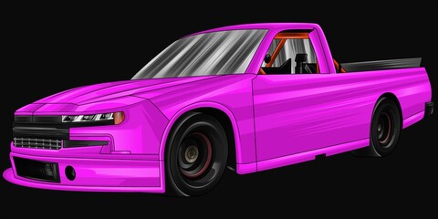 Pink and painted racing car. Isolated in black background, for t-shirt design, print. and for business purposes.