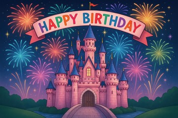 Castle birthday celebration with fireworks, happy birthday banner, magical atmosphere