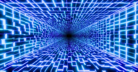 Futuristic glowing neon illuminated waving cube background. Shining geometric lines inside corridor in perspective. Bright retro digital cyberspace. 3D rendering.