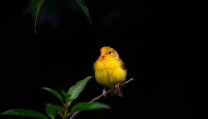 A vibrant yellow bird perched on a branch, highlighted against a dark background.