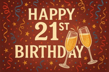 21st birthday celebration with champagne glasses, cheers, golden tones, festive mood