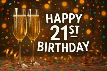 21st birthday celebration with champagne glasses, cheers, golden tones, festive mood