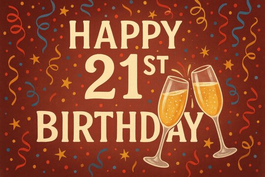21st birthday celebration with champagne glasses, cheers, golden tones, festive mood