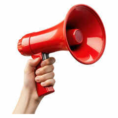 Red megaphone held in hand isolated on white background