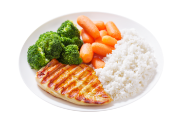 plate of grilled chicken, rice and vegetables isolated on transparent background