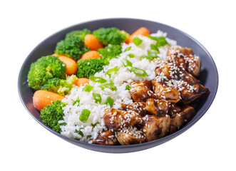plate of  teriyaki chicken, rice and broccoli isolated on transparent background