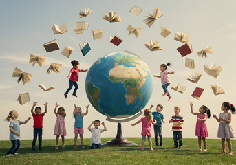 Children celebrate learning around a globe