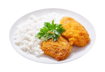 plate of chicken schnitzel with rice isolated on transparent background