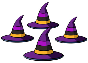 Four Cartoon Witch Hats with Purple Black and Yellow Stripes on a White Background cartoon