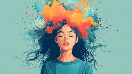 Illustration d 'une femme hyperactive avec pleins d'id&eacute;es qui est peut-&ecirc;tre TDAH ou HPI